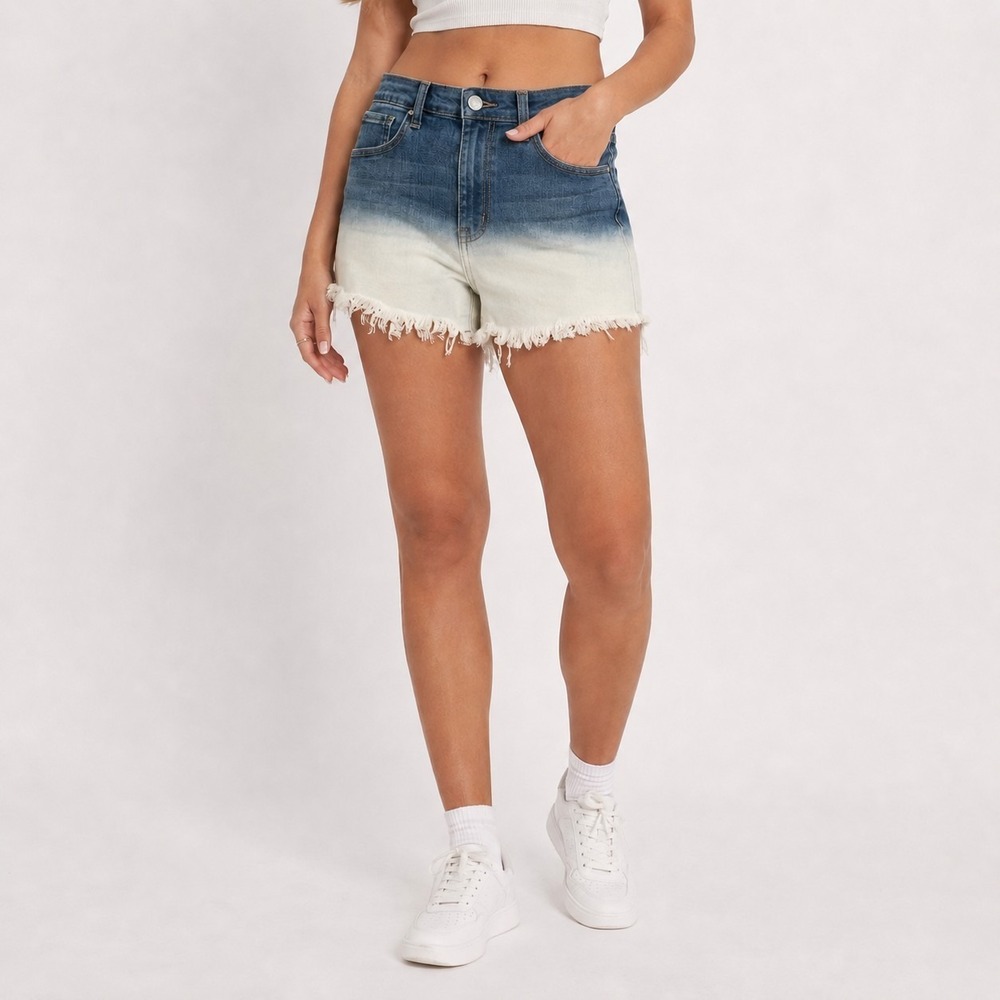 Risen Jeans High Rise Two Tone Denim Shorts Women's Large Dip Dye Raw Hem NWT